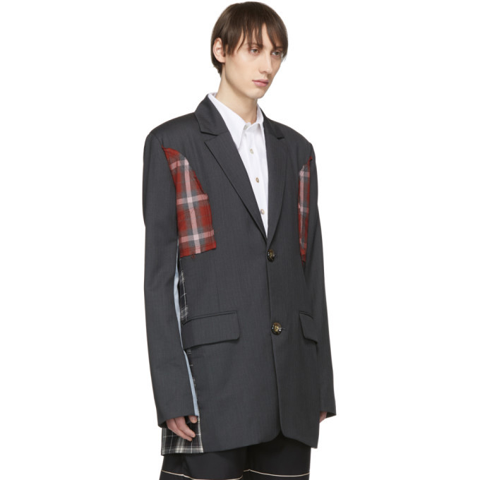 Chin Mens Grey Pinstripe Patchwork Jacket