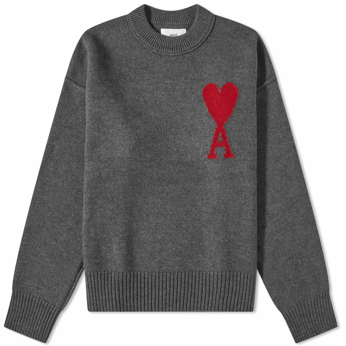 AMI Paris A Heart Crew Knit in Heather Grey/Red