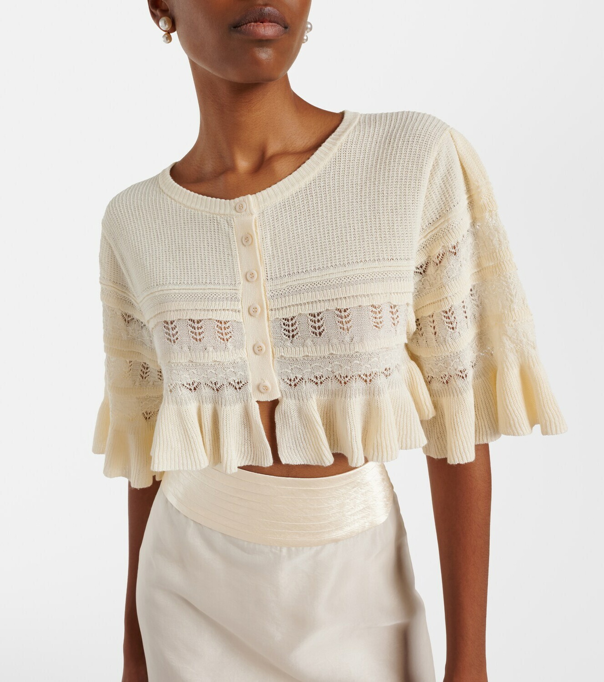 Xu Zhi Cropped open-knit ruffled cardigan