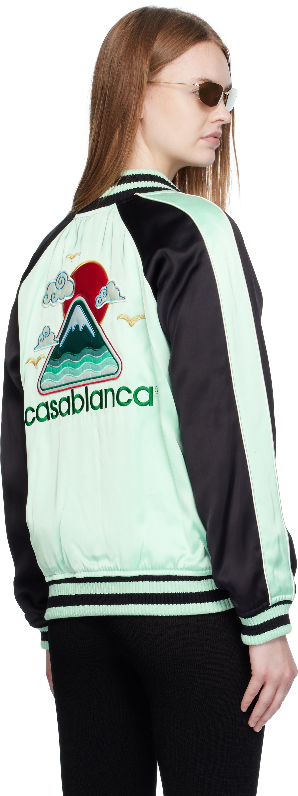 Casablanca Green & Black Embroidered Satin Bomber Jacket