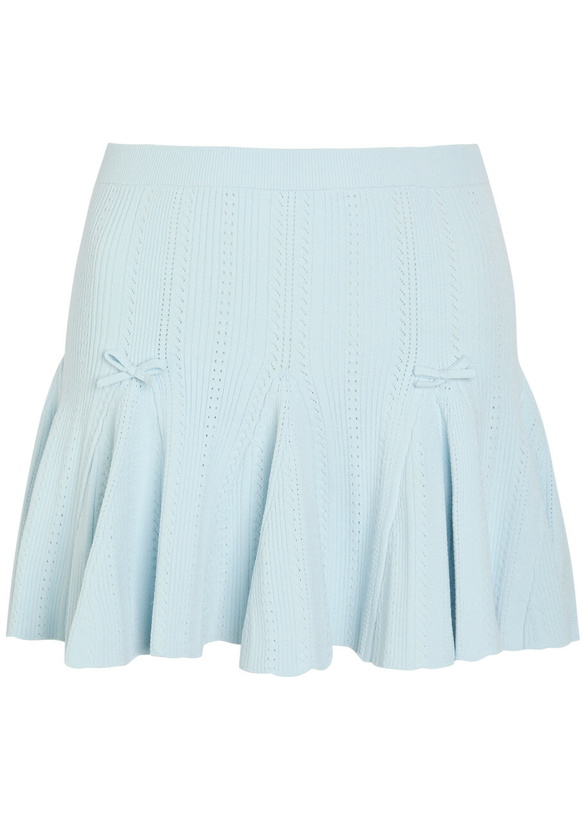 Photo: Loveshackfancy Meryl Bow-appliquéd Pointelle-knit Mini Skirt Light Blue