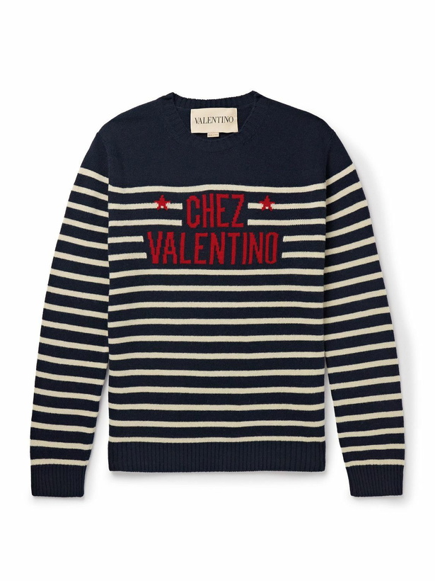 Photo: Valentino Garavani - Logo-Intarsia Striped Virgin Wool Sweater - Blue