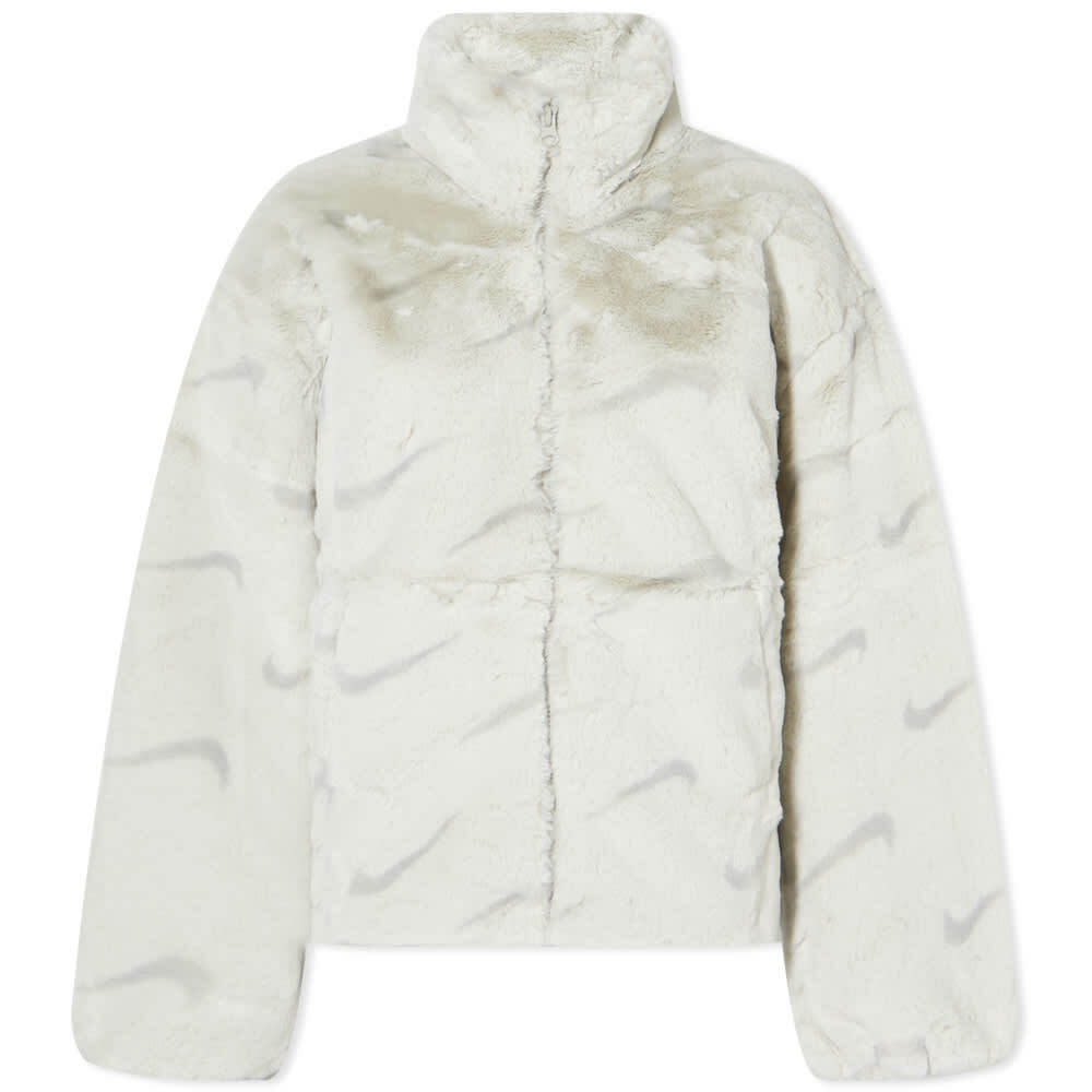 Nike Women's Faux Fur AOP Swoosh Jacket in Light Bone/Light Iron Ore Nike