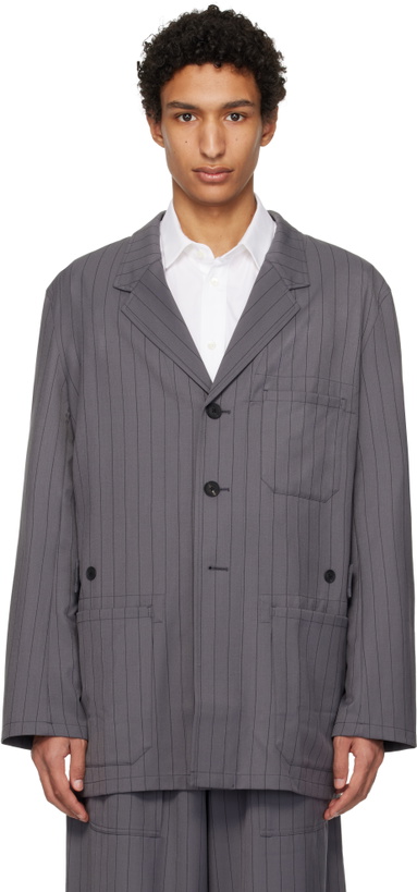 Photo: Y-3 Gray Pinstripe Refined Wool Chore Blazer