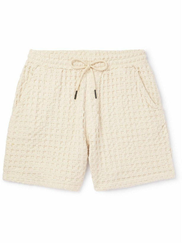 Photo: OAS - Straight-Leg Waffle-Knit Cotton Drawstring Shorts - Neutrals