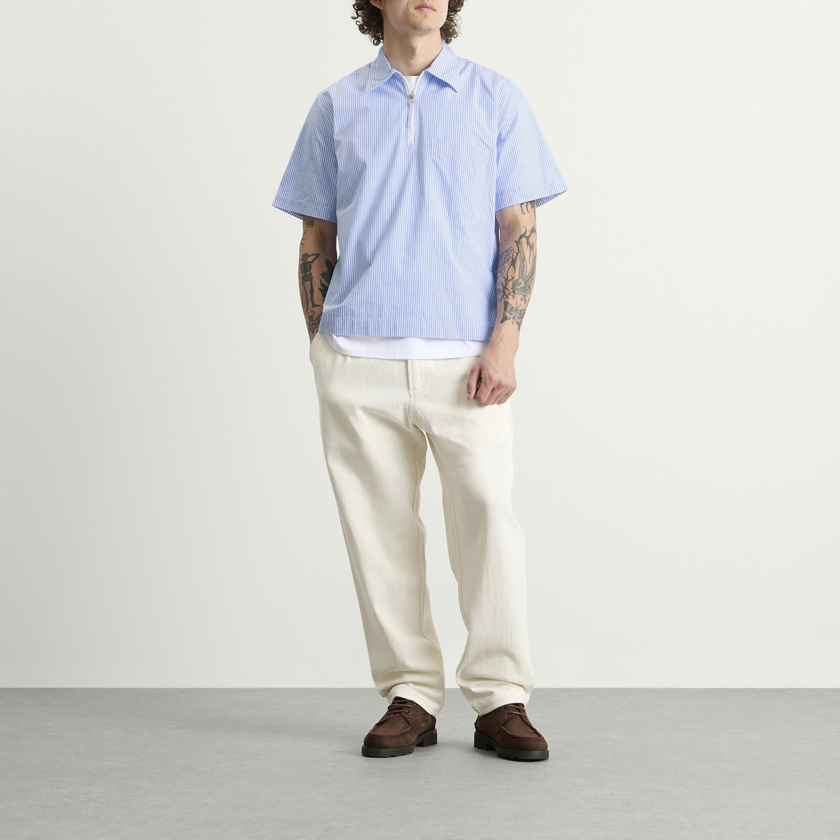 Universal Works Men's Nipon Stripe Ewan Shirt in Sky/White