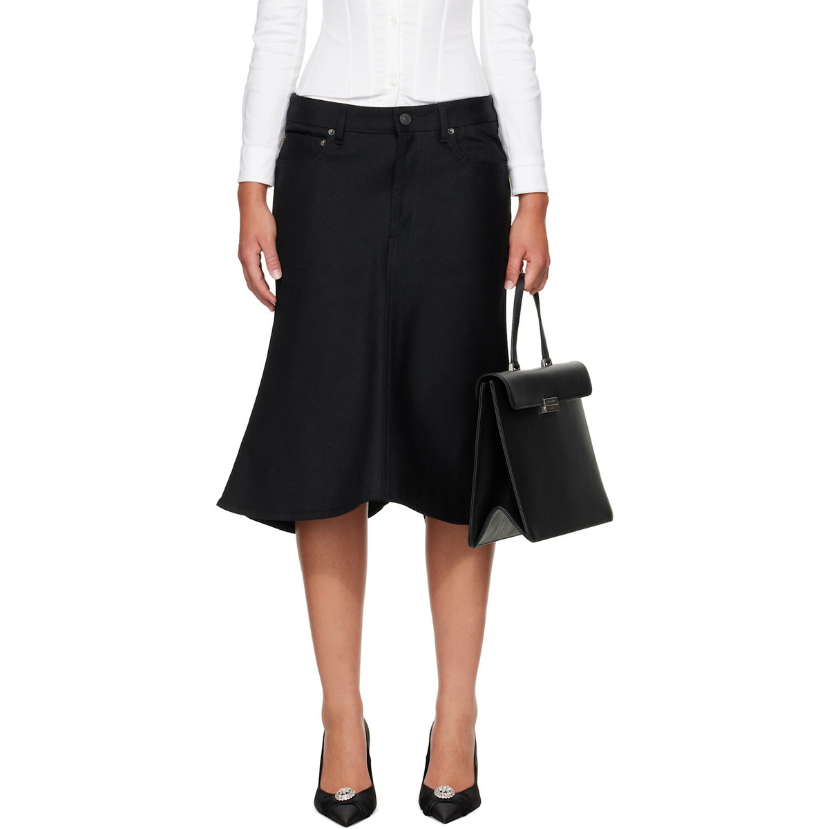 Balenciaga Black Flared Denim Midi Skirt