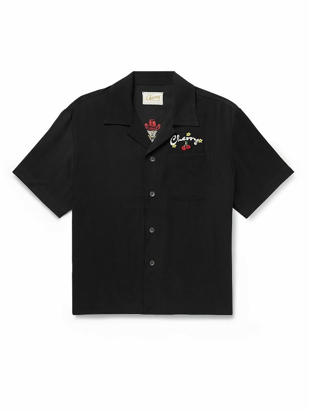 Photo: CHERRY LA - Camp-Collar Logo-Embroidered Cotton-Blend Twill Shirt - Black
