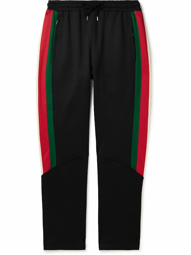 Photo: GUCCI - Straight-Leg Striped Webbing-Trimmed Jersey Sweatpants - Black