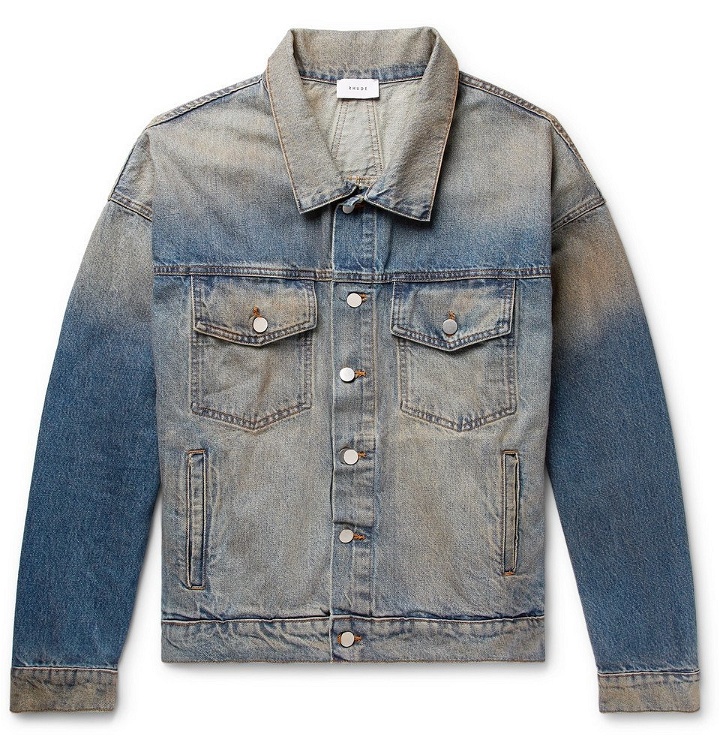 Photo: Rhude - Oversized Suede Elbow-Patch Distressed Denim Jacket - Blue