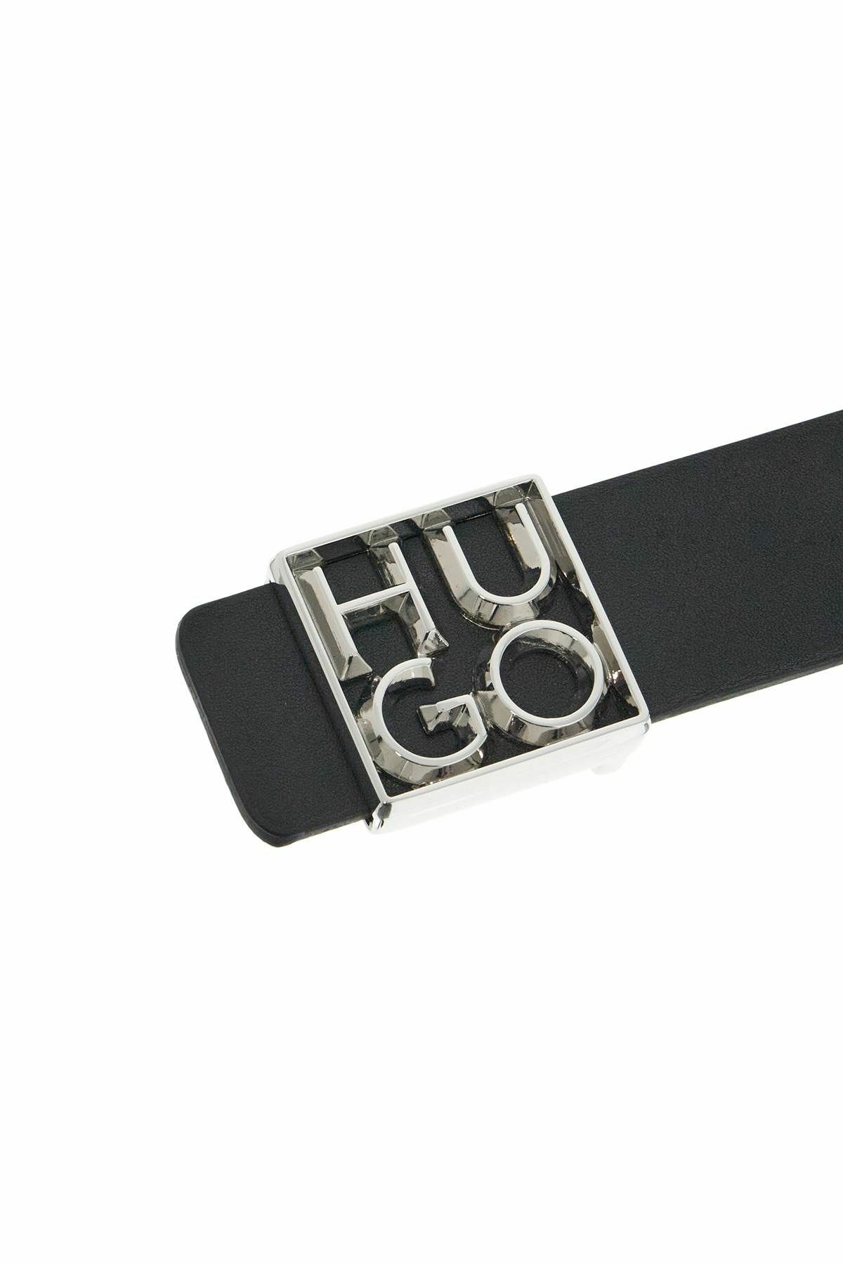 HUGO men's black leather belt with square buckle and embossed logo ...