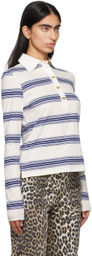 GANNI White & Blue Striped Long Sleeve Polo