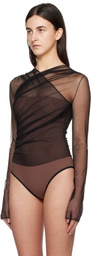 Nensi Dojaka Black & Brown Semi-Sheer Gathered Long Sleeve Bodysuit