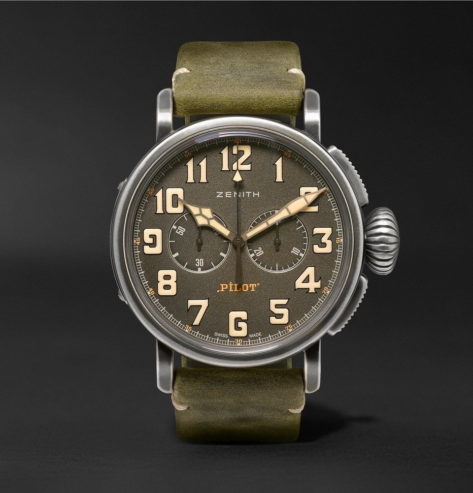 Photo: Zenith - Heritage Pilot Ton-Up 45mm Stainless Steel and Nubuck Watch - Green