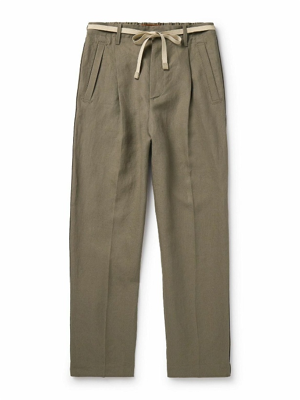 Photo: Zegna - Slim-Fit Belted Pleated Slubbed Oasi Lino Trousers - Green
