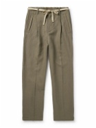 Zegna - Slim-Fit Belted Pleated Slubbed Oasi Lino Trousers - Green