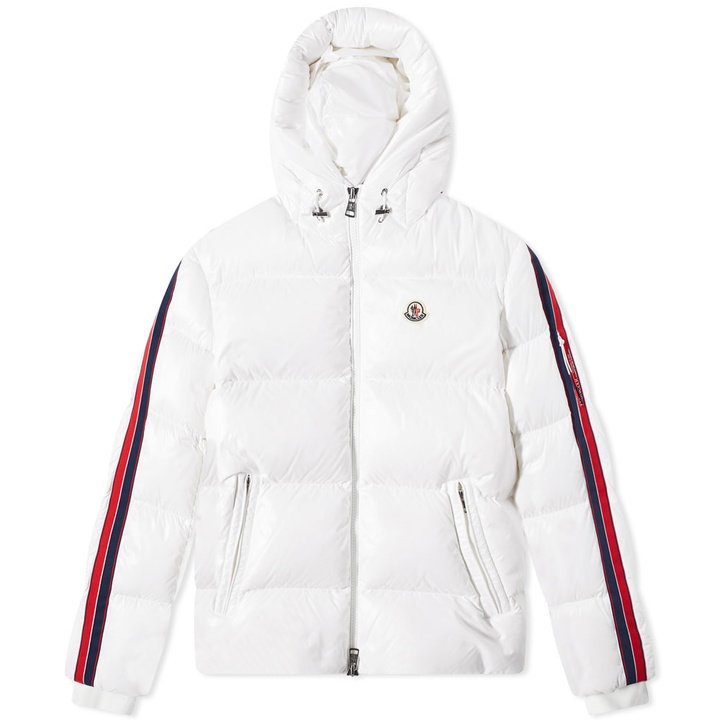 Photo: Moncler Men's Dincer Tricolore Sleeve Stripe Down Jacket in Off/White