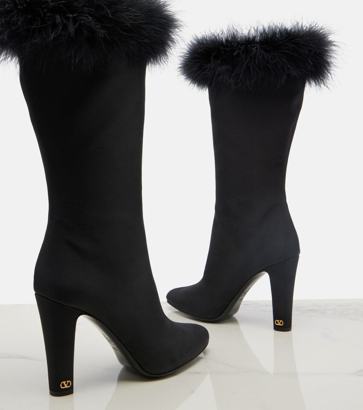 Valentino Garavani Hotty feather-trimmed satin knee-high boots