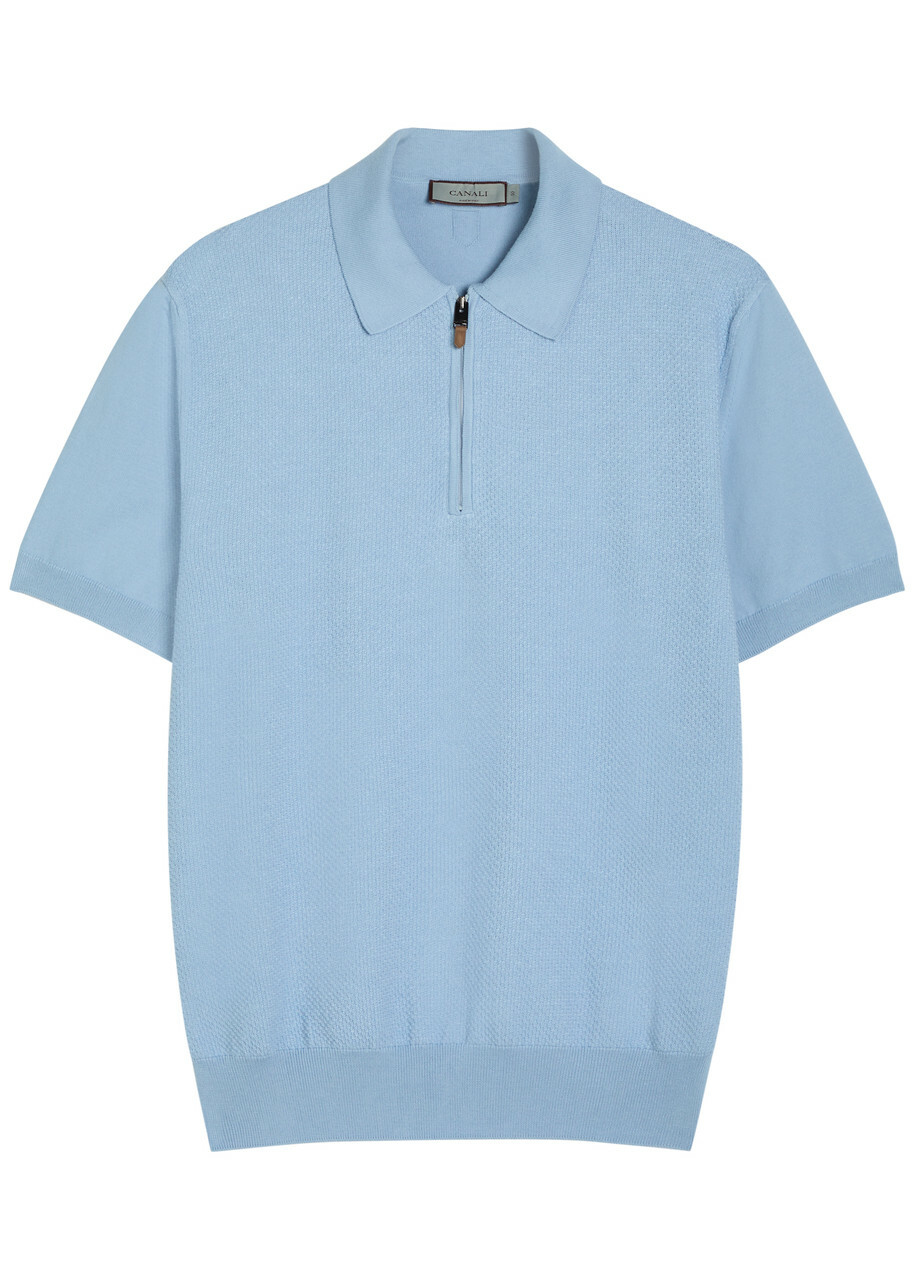 Canali Panelled Cotton Polo Light Blue