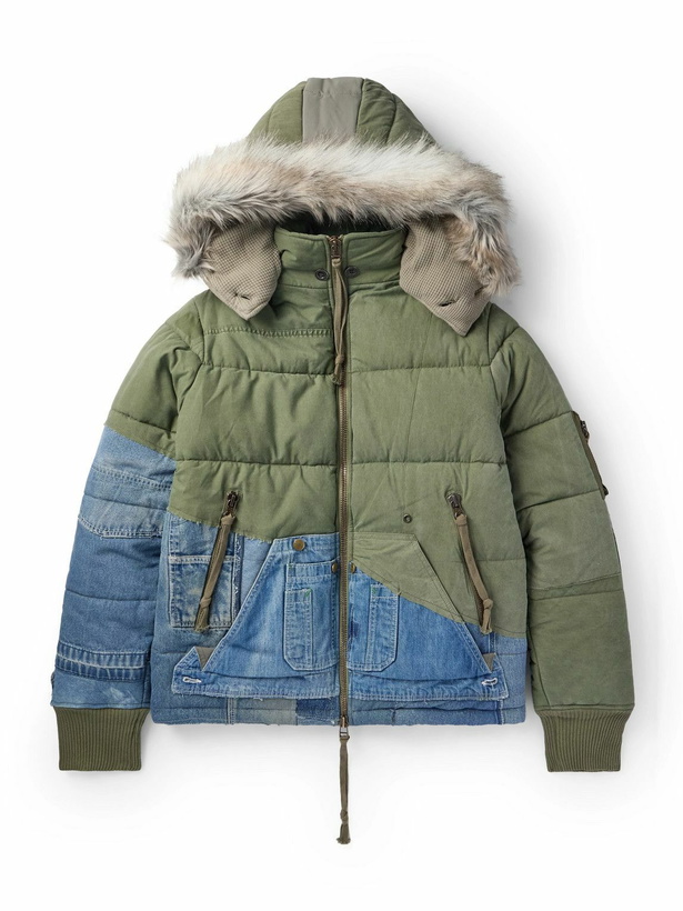 Photo: Greg Lauren - Faux Fur-Trimmed Quilted Cotton-Blend Twill and Denim Hooded Jacket - Green