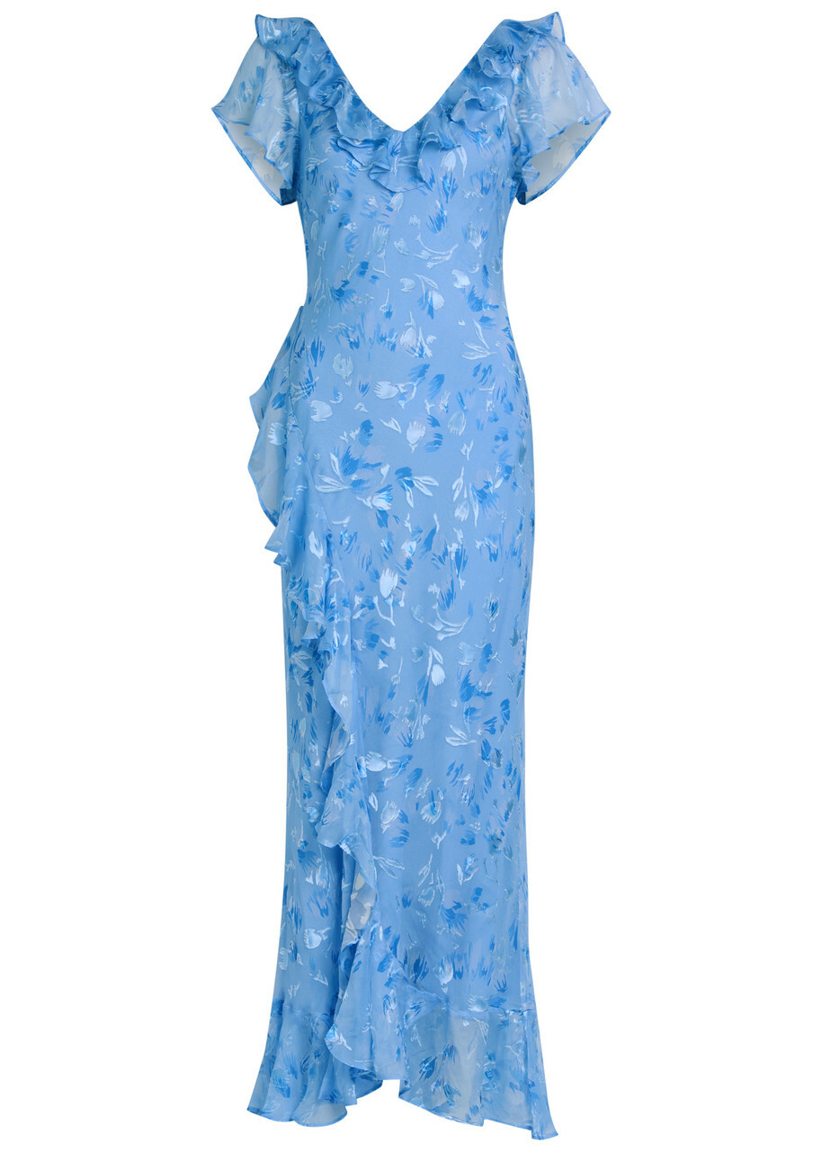 Rixo Meadow Devoré Silk-blend Maxi Dress Blue