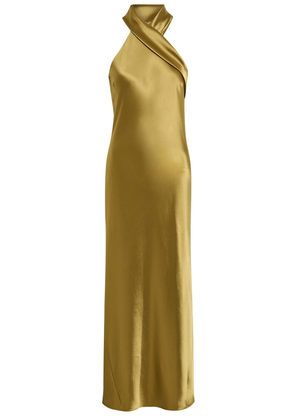 Photo: Galvan Pandora Cascading Satin Maxi Dress Green