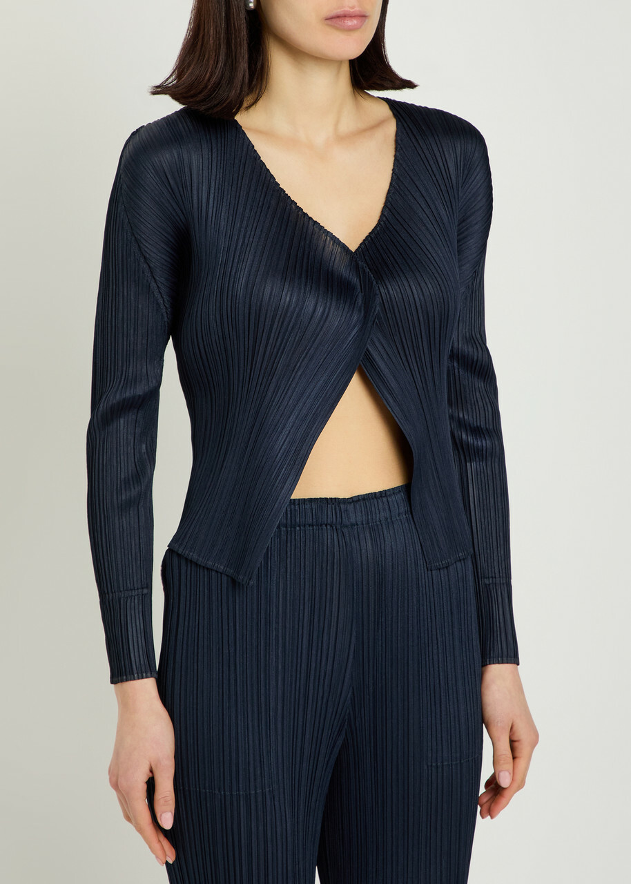 Pleats Please Issey Miyake Pleated Woven Cardigan Navy