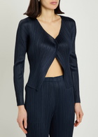 Pleats Please Issey Miyake Pleated Woven Cardigan Navy