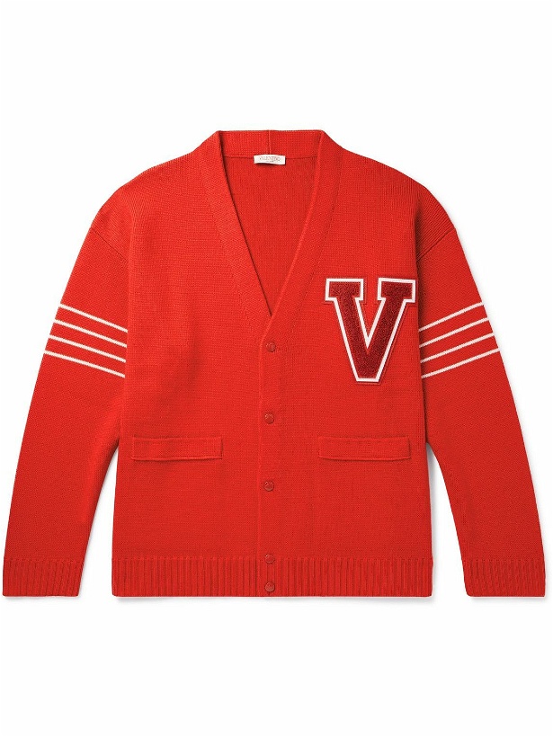 Photo: Valentino Garavani - Logo-Appliquéd Striped Virgin Wool Cardigan - Red