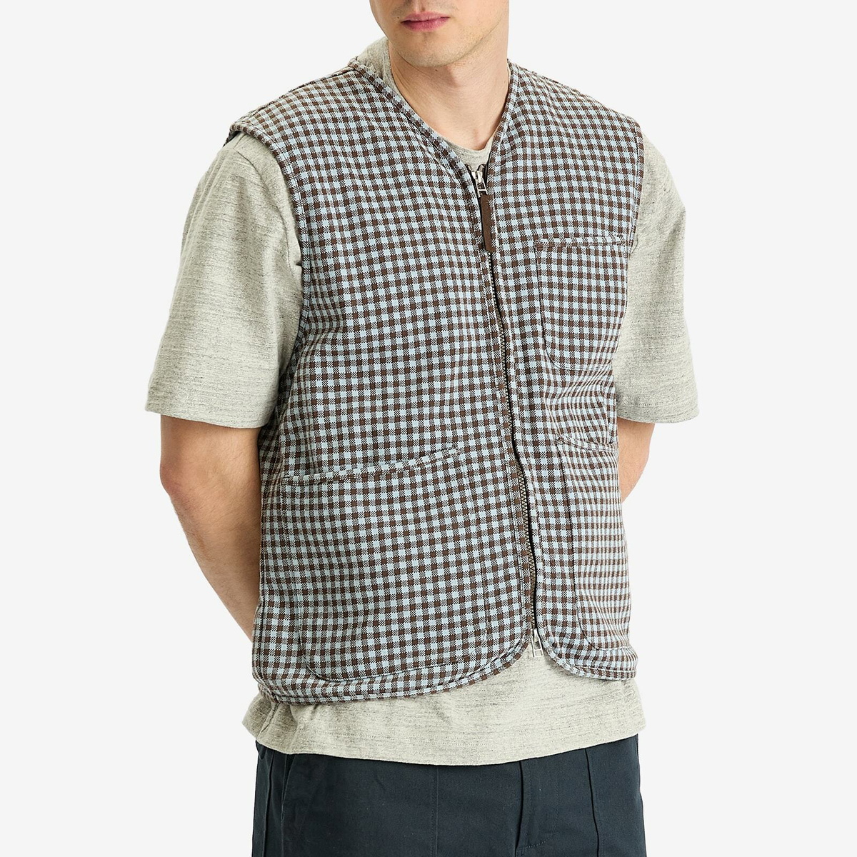 Universal Works Men's Gingham Cotton Zip Gilet in Brown/Sky