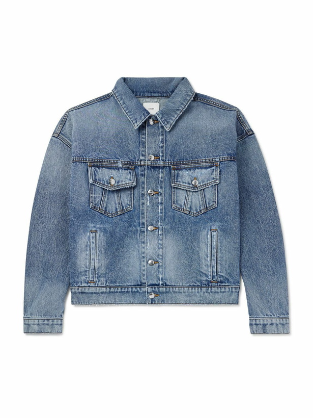 Photo: Rhude - Dropneck Cropped Distressed Denim Trucker Jacket - Blue