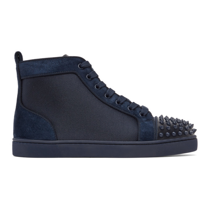 Photo: Christian Louboutin Navy Canvas Lou Spikes Orlato High-Top Sneakers