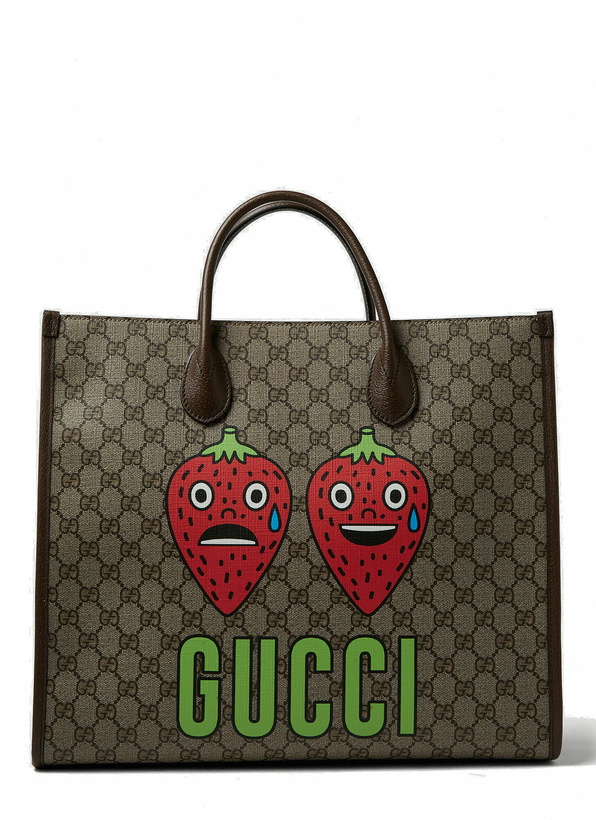 Photo: Strawberry Print GG Tote Bag in Brown