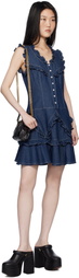 Anna Sui Navy Ruffle Denim Midi Dress