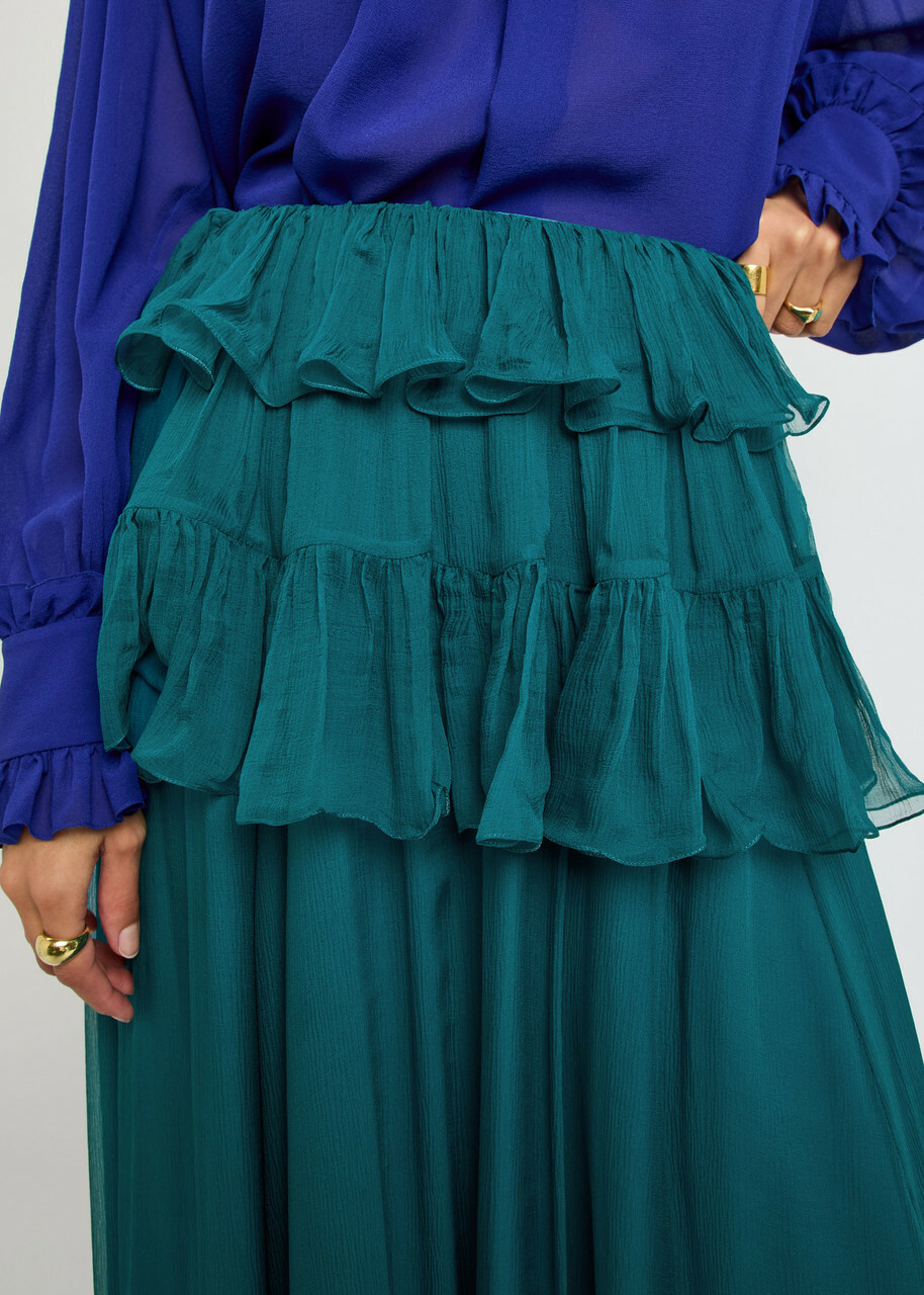 Chloe Ruffled Silk Maxi Skirt Teal