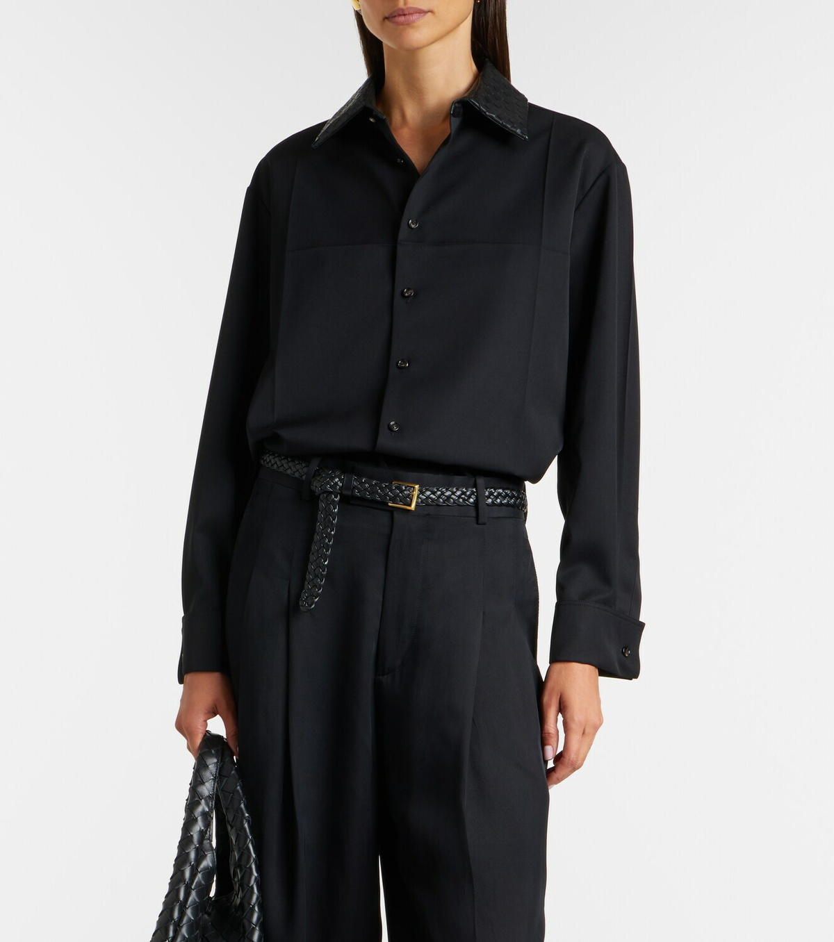 Bottega Veneta Intrecciato leather-trimmed wool shirt