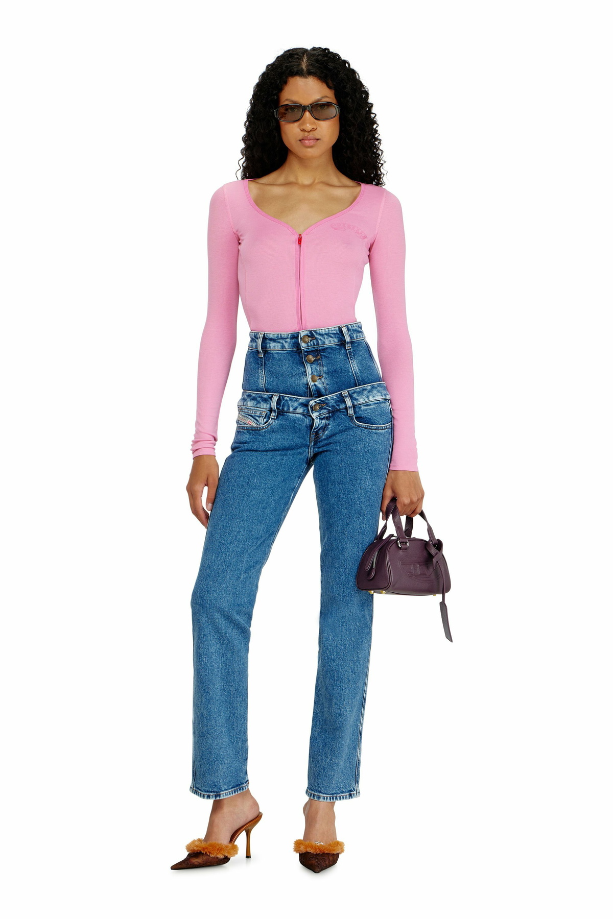 Diesel Slim V-neck lyocell top with zip - Tops Womens in Pink