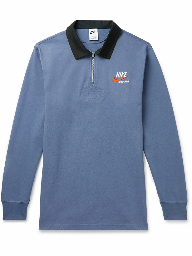 Photo: Nike - Sportswear Twill-Trimmed Logo-Embroidered Cotton Half-Zip Top - Blue