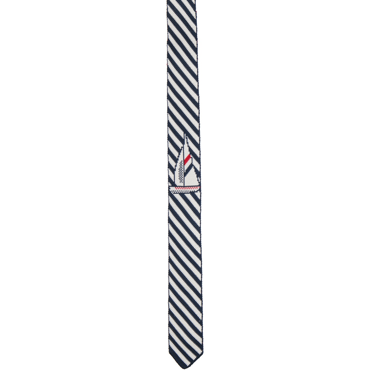 Thom Browne Navy & White Sail Boat Pin Stripe Jacquard Knit Tie