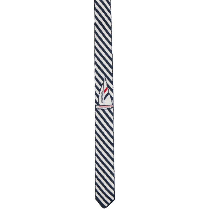 Photo: Thom Browne Navy & White Sail Boat Pin Stripe Jacquard Knit Tie
