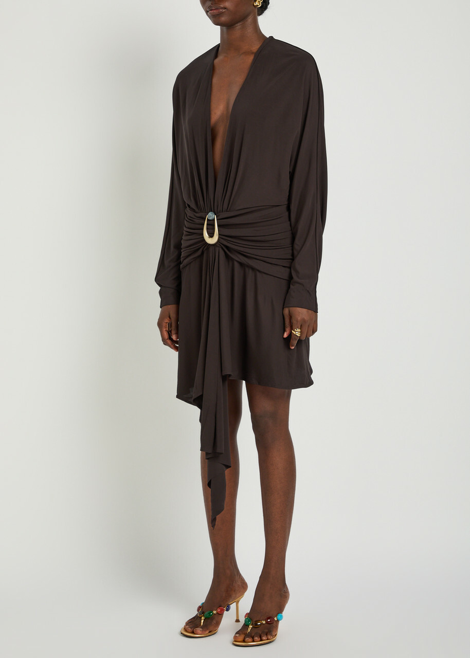 Christopher Esber Draped Asymmetric Jersey Midi Dress Dark Brown