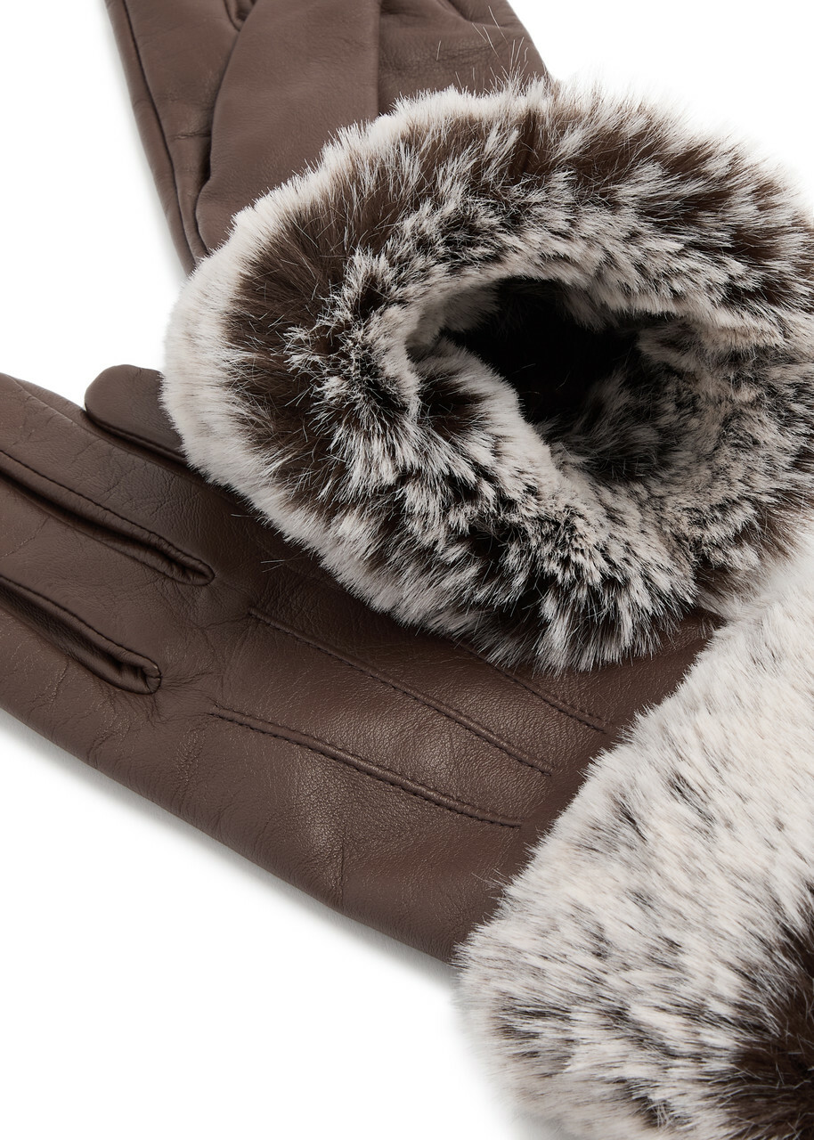 Dents Sarah Faux Fur-trimmed Leather Gloves Brown