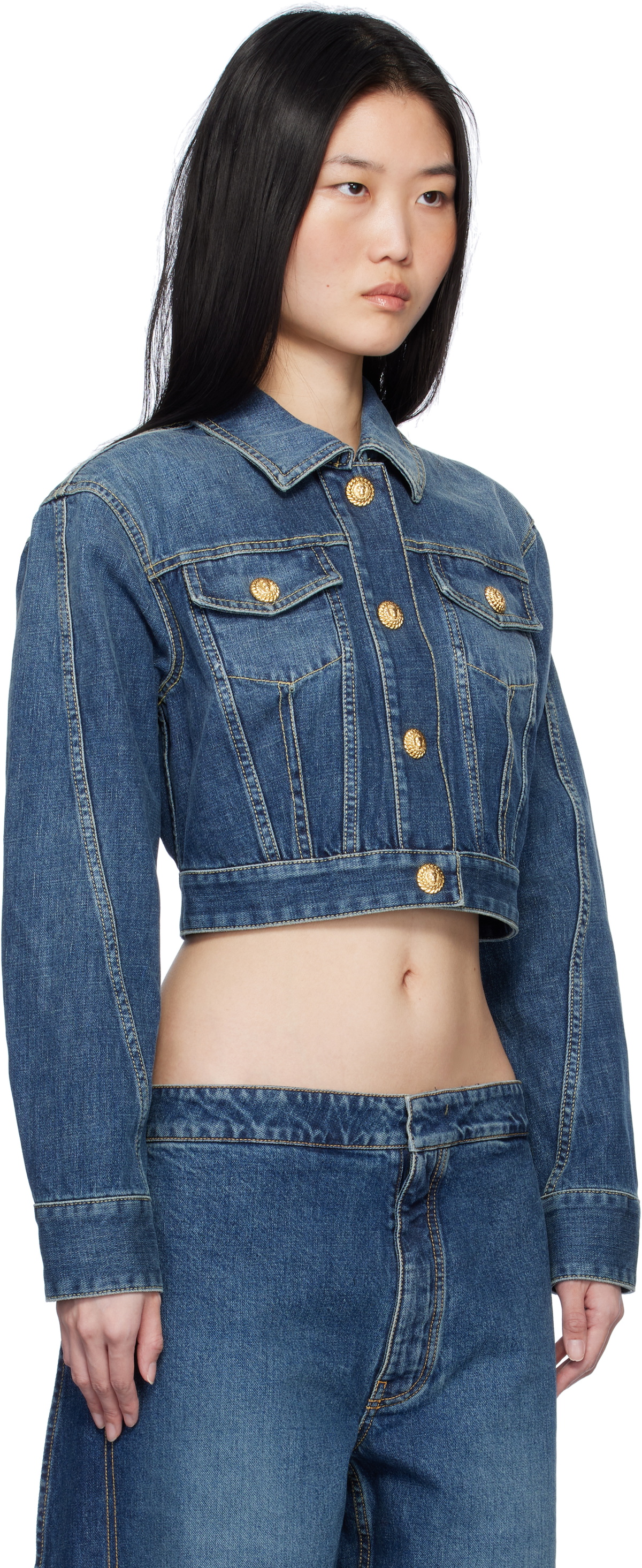 Balmain Blue Cropped Faded Denim Jacket