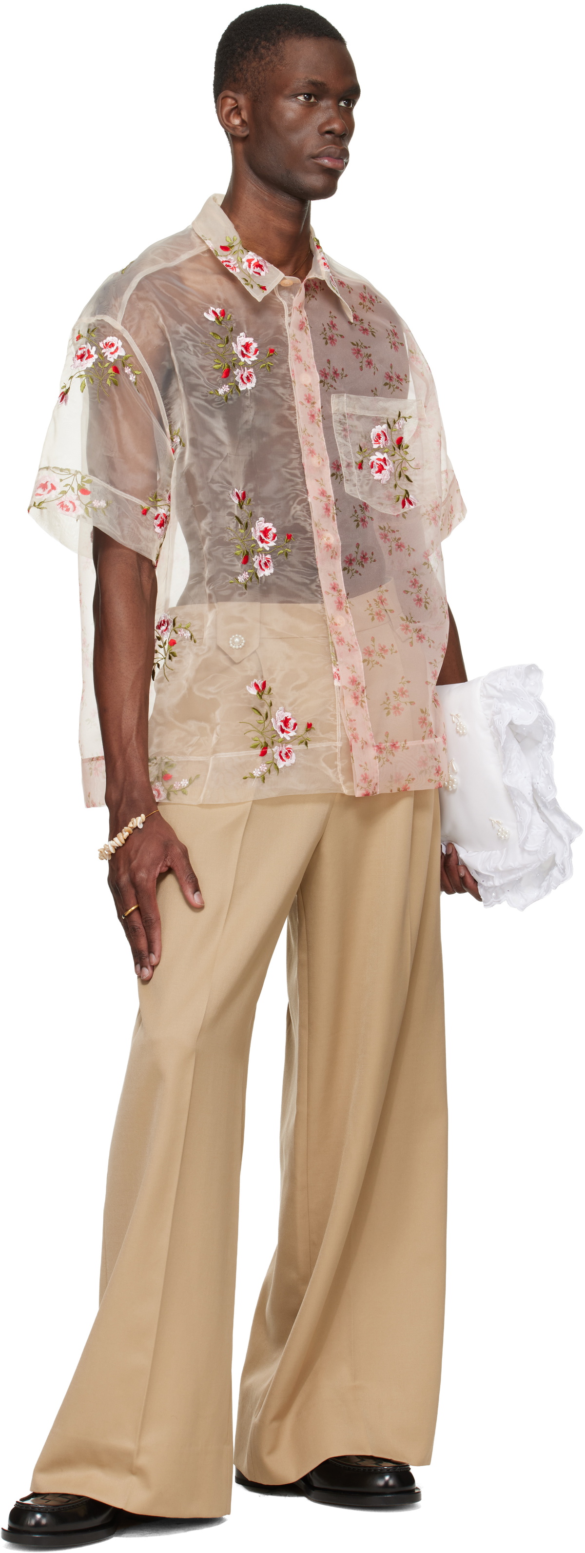 Simone Rocha Pink Sheer Patchwork Boxy Shirt