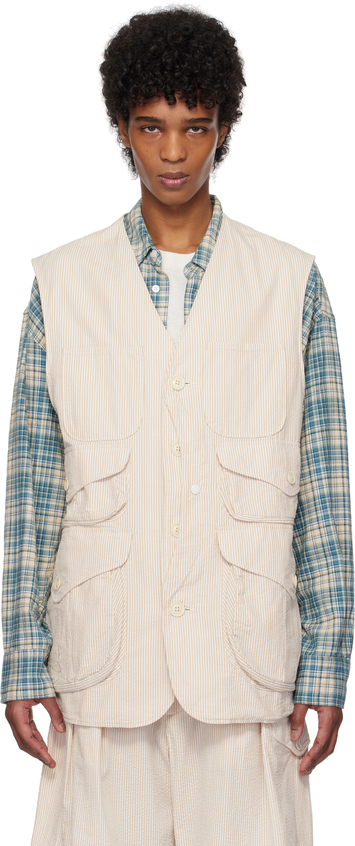 Engineered Garments Beige & White Hunting Vest Engineered Garments