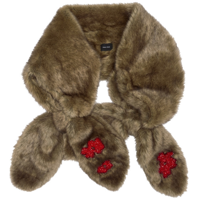 Simone Rocha Beige Faux-Fur Beaded Double Bow Scarf Simone Rocha