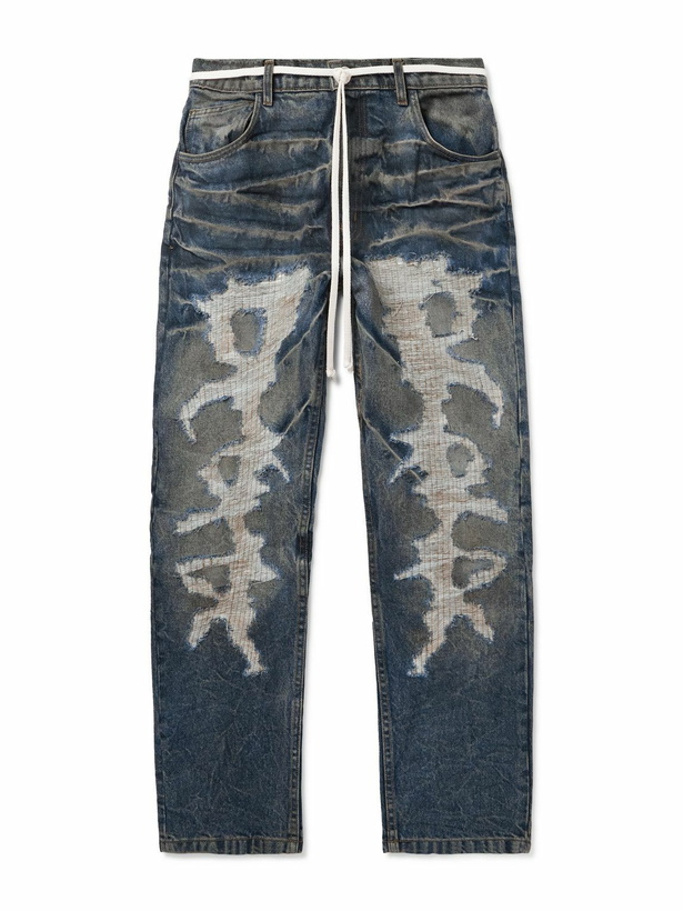 Photo: RRR123 - Fathers Engine Slim-Fit Straight-Leg Belted Distressed Jeans - Blue