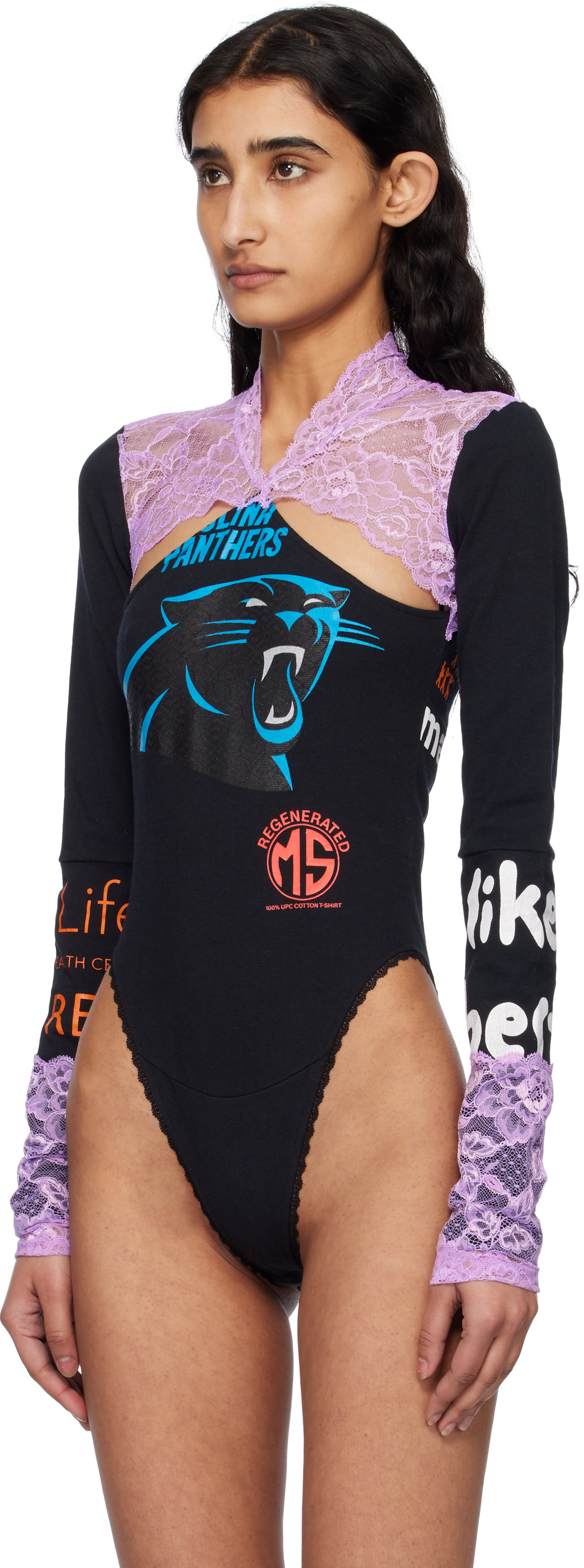 Marine Serre Black Regenerated T-shirts & Lace Long Sleeve Bodysuit