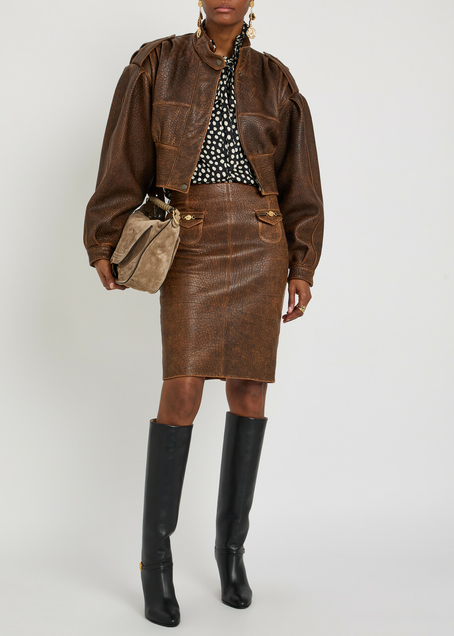 Chloe Belted Grained Leather Cropped Bomber Jacket Brown
