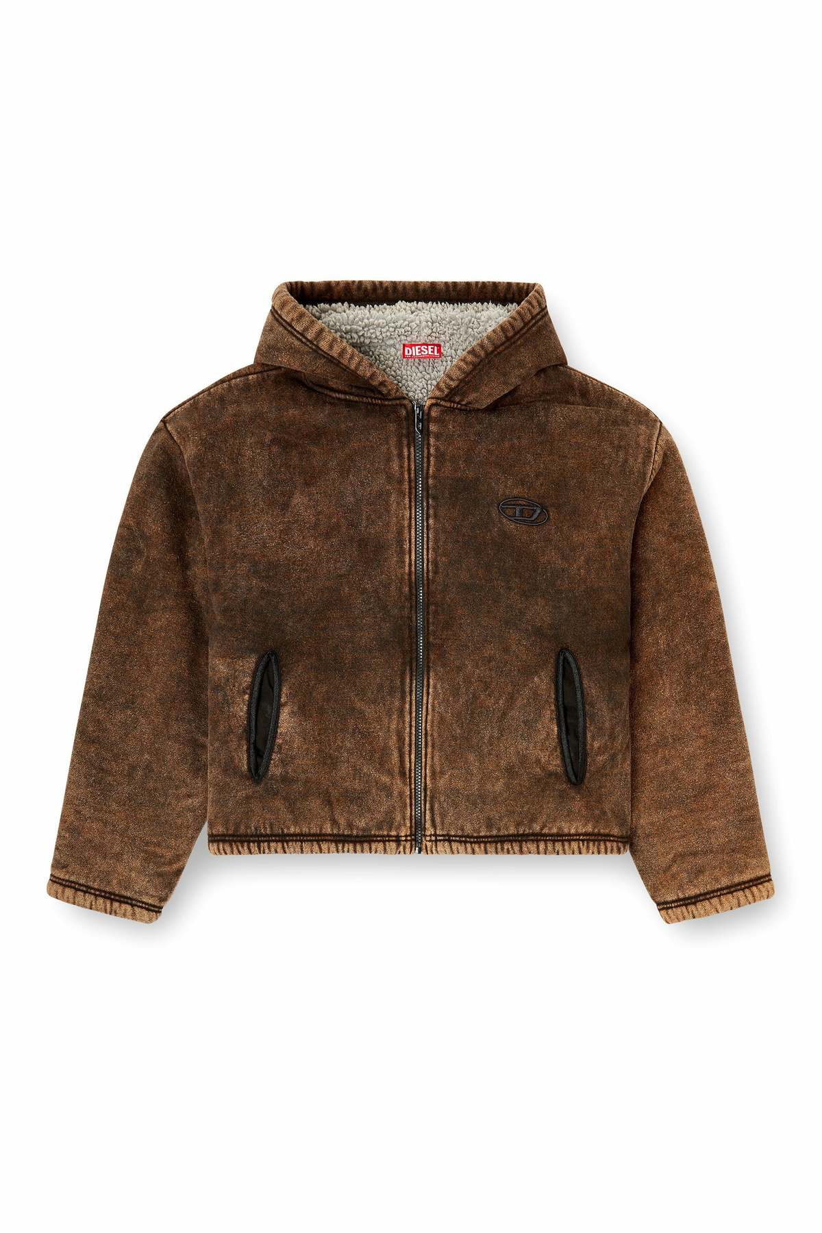 Diesel Acid-wash zip-up hoodie with teddy lining - Sweaters Womens in Brown